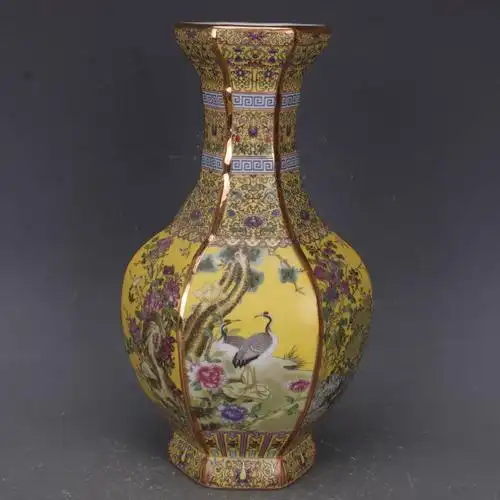 清乾隆描金珐琅彩花鸟六方瓶仿古工艺品瓷器家居中式摆件古玩收藏