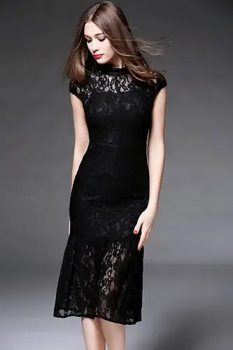 *2016春夏新品女装名媛气质收腰显瘦中长款蕾丝连衣裙鱼尾裙6888 黑色