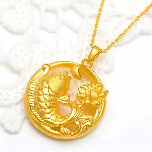 可爱活泼莲花鱼吊坠 铜镀黄金喷砂荷花锦鲤鱼吊坠 砂面鱼儿项链