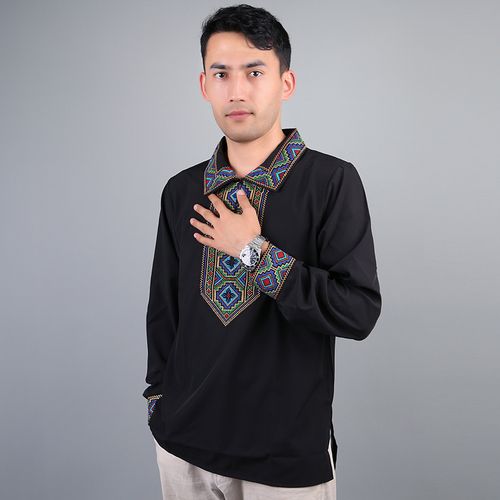 新疆维吾尔族服装白色长袖翻领t恤男黑色餐厅民族风服饰上衣衣服
