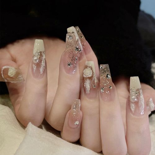 暖小男手工穿戴甲 珍珠山茶花美甲石膏亮片 假指甲贴片成品新娘甲