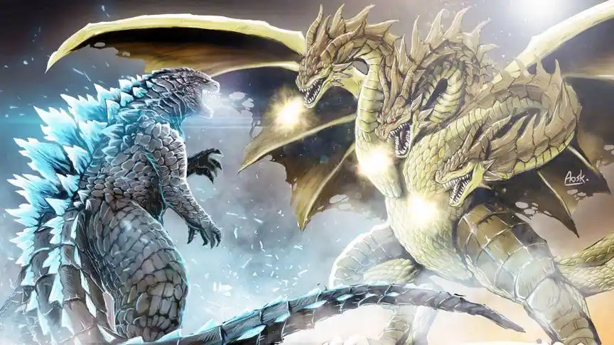 日本出现两只怪兽,哥斯拉和王者基多拉,展开决战!