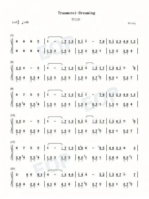 梦幻曲世界名曲初学者简单双手简谱五线谱