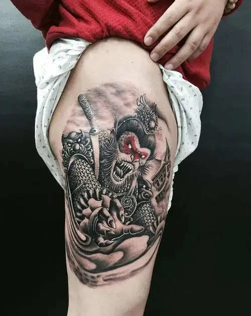 齐天大圣纹身图片_成品腿部传统人物齐天大圣纹身图案