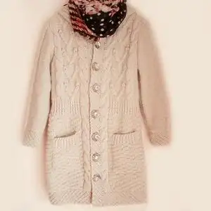 看图仿女士棒针扭花连帽大衣开衫