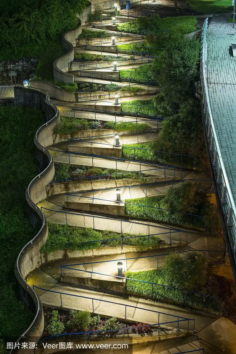 步行道路,之字形,夜晚,垂直画幅,图像