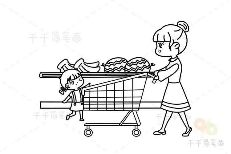 妈妈和女儿一起逛超市场景简笔画