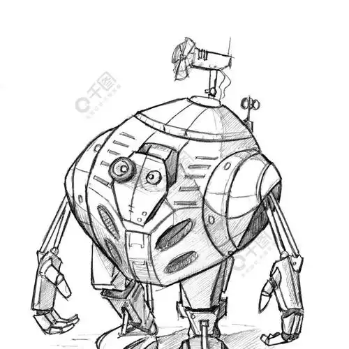 可爱有趣机器人角色的黑白粗铅笔素描可爱有趣机器人的黑色grunge粗