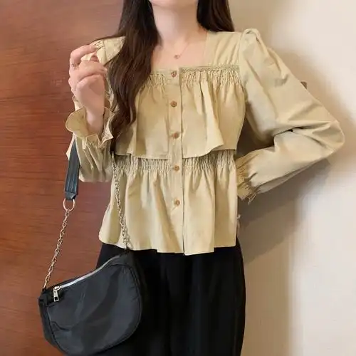 大码法式方领荷叶边长袖衬衫衣服秋季胖妹妹设计感洋气遮肉短上