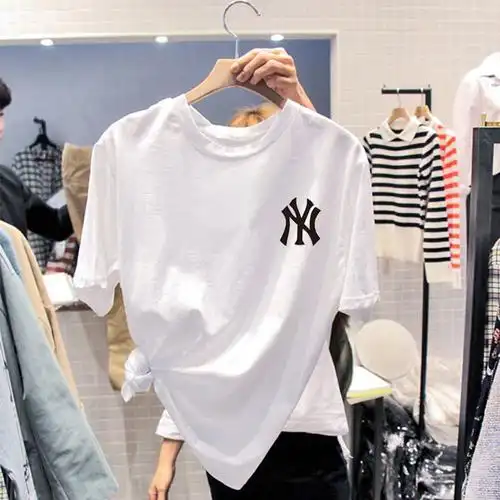 a短袖短袖水洗白色t恤女网红同款宽松v短袖韩版印花百搭纯棉上衣潮