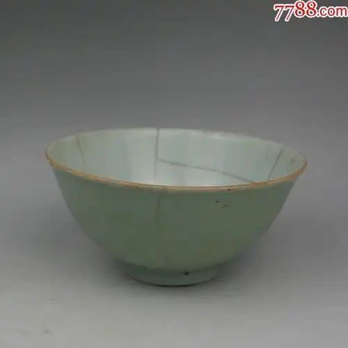 清代道光豆青釉碗锔瓷明清景德镇老青花瓷器古董古玩摆件老物件