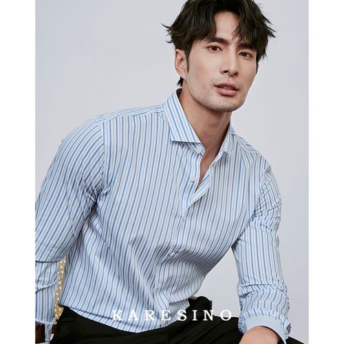 karesino商务职场精英 男士温莎领蓝色条纹衬衣免烫休闲长袖衬衫