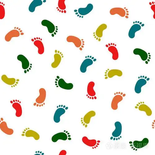 多彩的脚步声.带儿童足迹的无缝图案