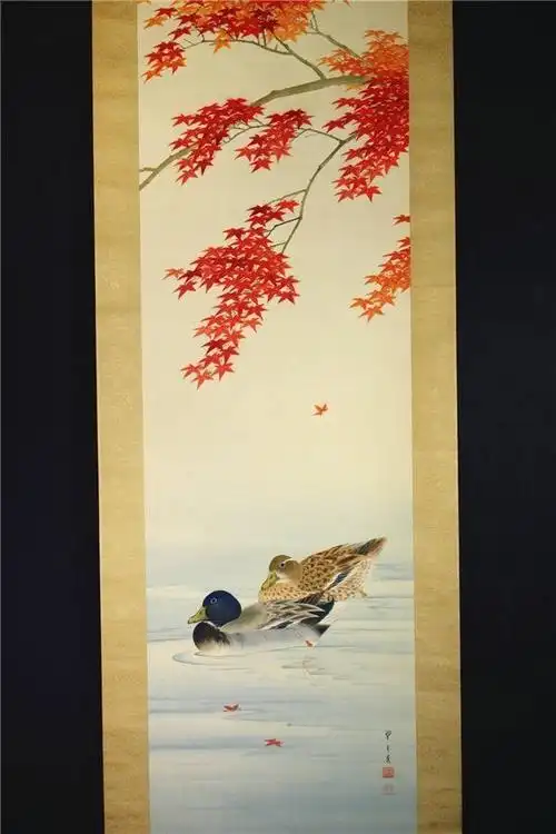 【真作】【华】日本画家 望月玉成 『红叶双鸭図』 共箱 茶挂茶道具