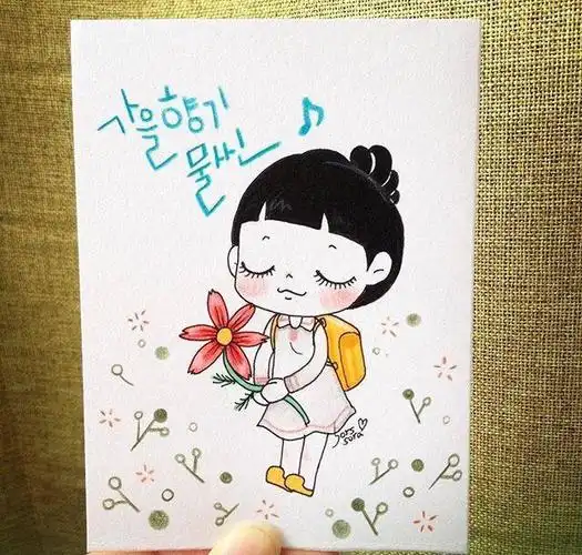 彩铅手绘,韩系小姐姐插画,拿花的女孩