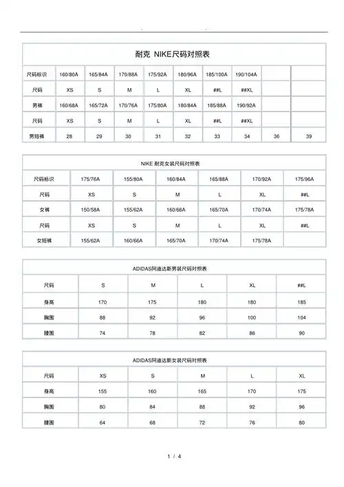耐克nike尺码对照表(精编版)