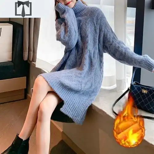 suntek中长款麻花毛衣女春秋冬外穿新年红色内搭加绒加厚高领打底针织