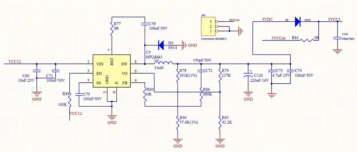 核心芯片为mp24943,输出电源大小为5v,电路原理图如下(输入端不添加