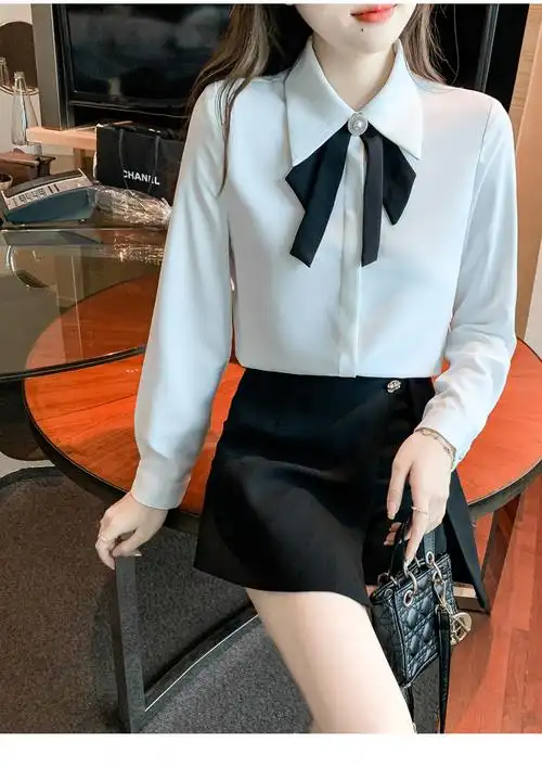 新款白色衬衫女蝴蝶结ol通勤气质长袖职业工装衬衣上衣1310甄萌白色l