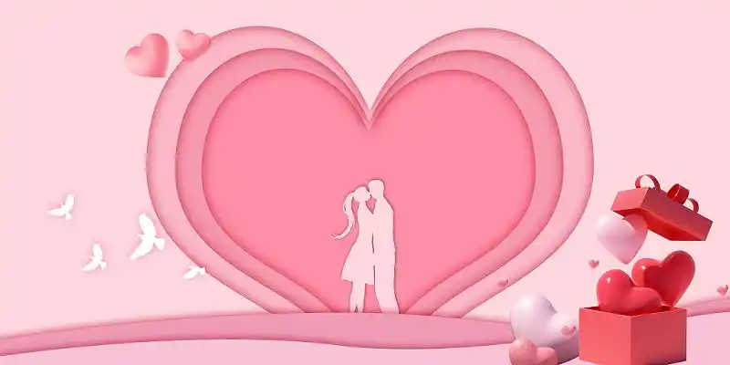 粉色简约浪漫爱心情侣情人亲吻礼盒展板背景婚礼背景