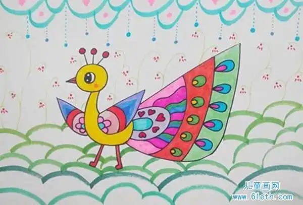 美丽的小孔雀儿童彩笔绘画图片
