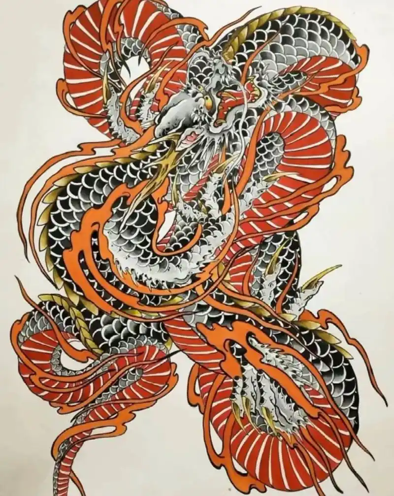 老传统满背龙纹身手稿