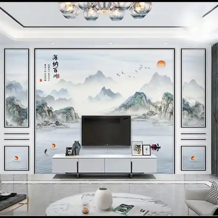 新款中式3d电视背景墙壁纸8d水墨山水画