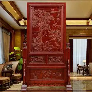 迎客松座屏落地屏风仿古全实木客厅玄关隔断双面雕刻插屏东阳木雕