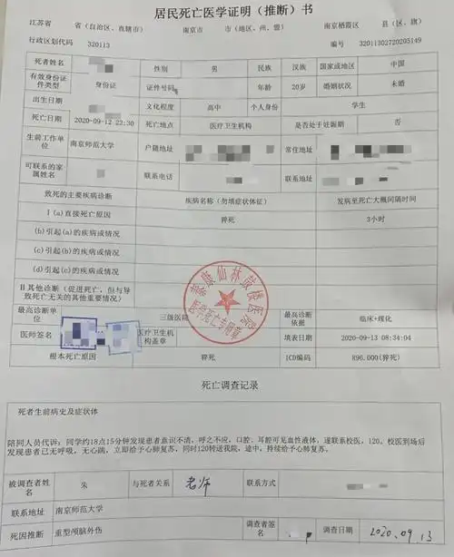 泰康仙林鼓楼医院为刘某辰出具的死亡证明.图/受访者提供