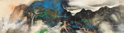 《爱痕湖》是中国著名国画大师画家张大千巨幅泼彩.