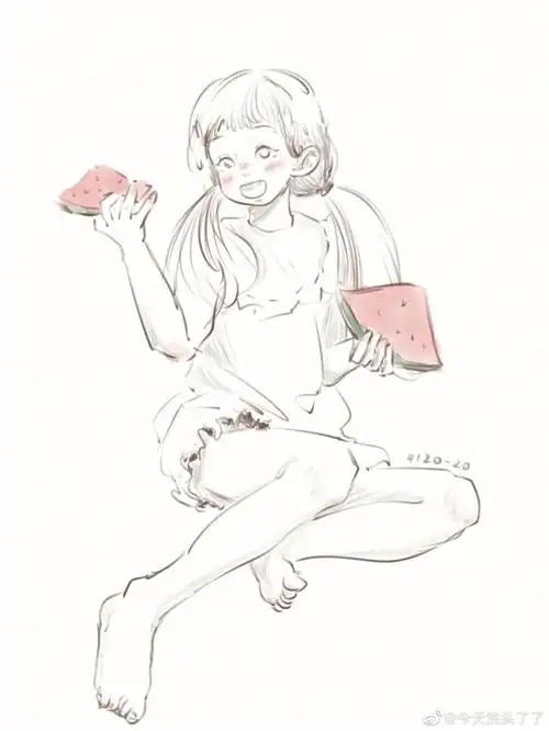 速写打卡吃西瓜的小女孩