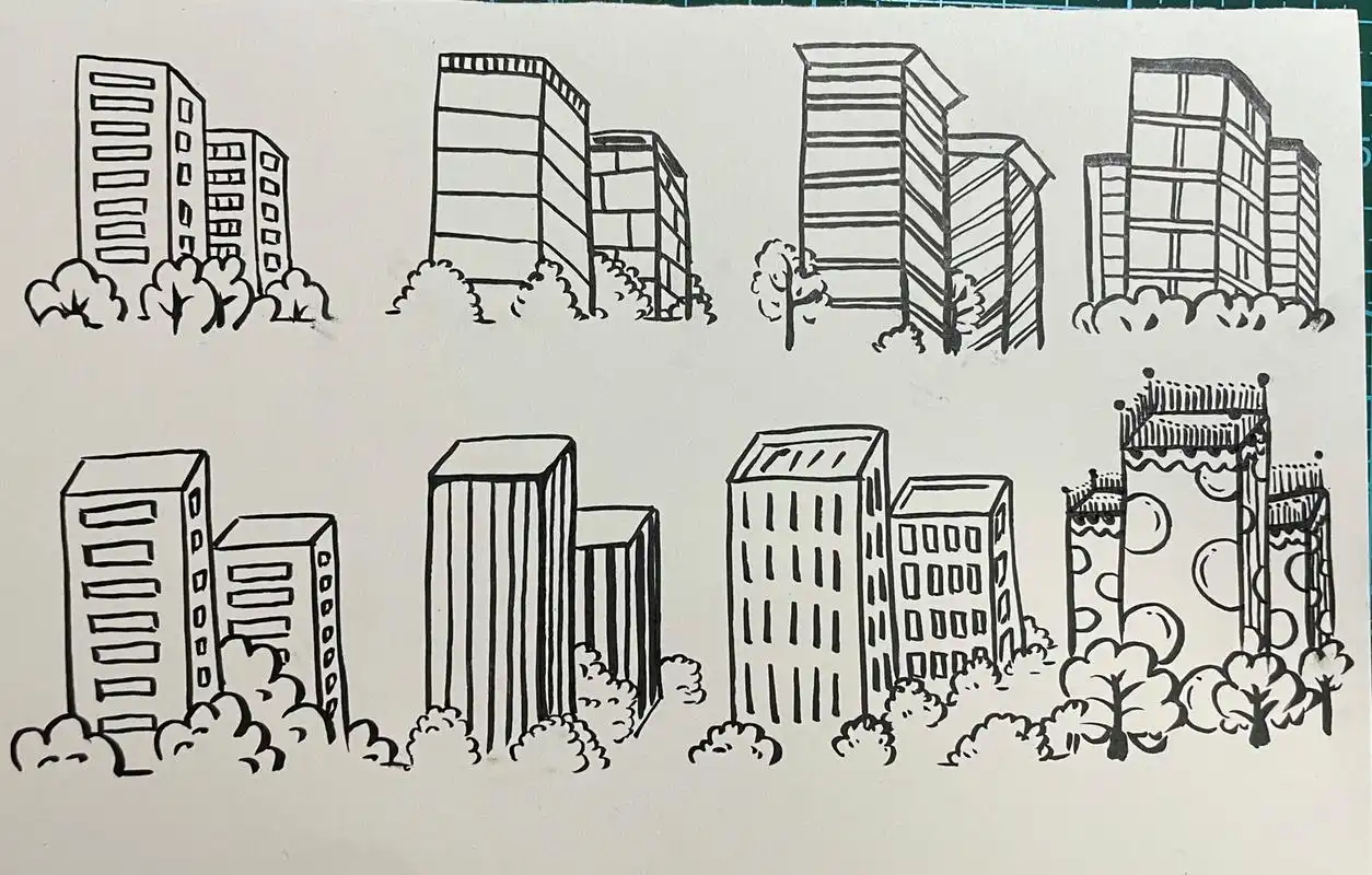 高楼大厦简笔画 仰视的楼角落呈"个"字形,俯视的楼角呈"y"字形.