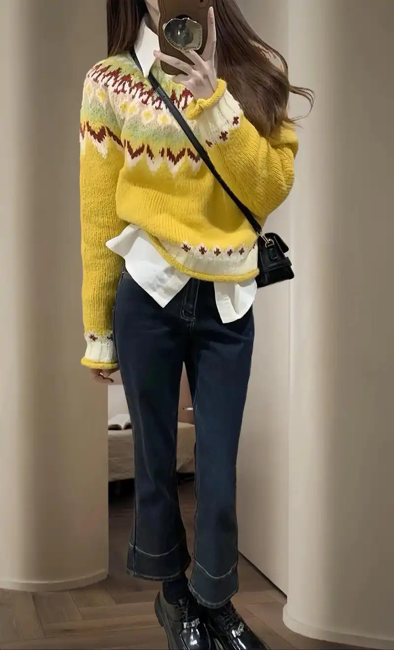 冬日里的暖黄色毛衣好温柔呐～老婆们,这一套上身太好看了,黄色 - 抖