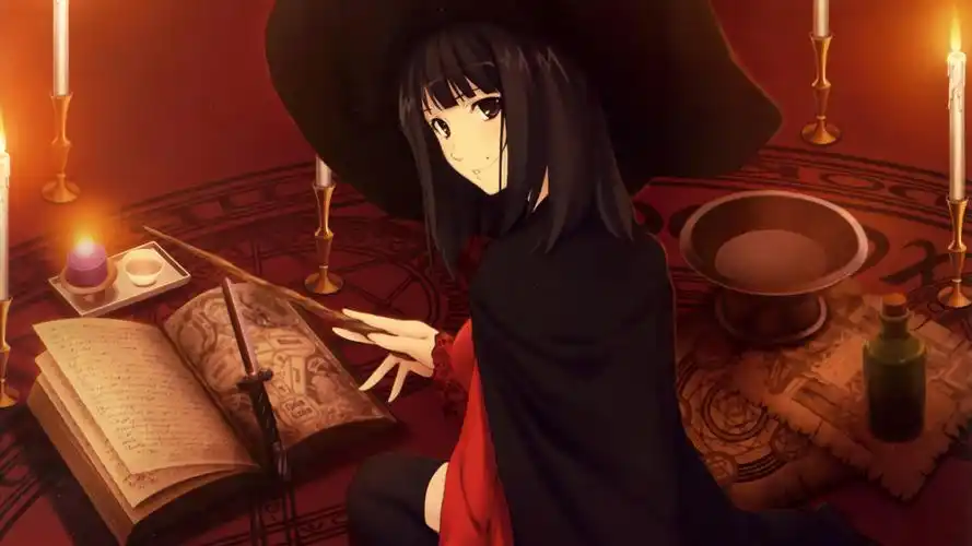 女孩小魔女帽子魔杖书蜡烛动漫桌面壁纸