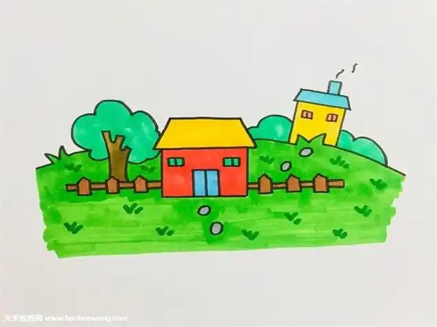 美丽村庄简笔画完成啦风景简笔画图片大全带颜色美丽大自然风景简笔画