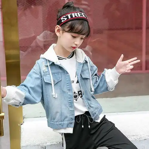 女童牛仔外套春装新款儿童春秋时髦学生小女孩时尚女大童洋气上衣粉红
