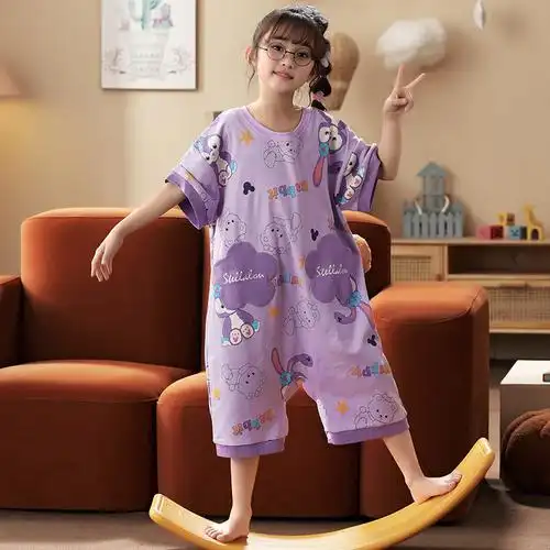 女童连体睡衣夏季空调服短袖纯棉睡袋防踢被小女孩睡衣儿童连体衣