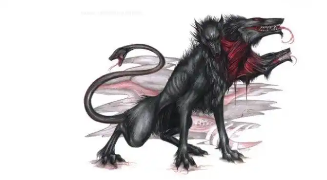 被锁链绑在阿刻戎(acheron)的大门口,不让亡灵逃出冥国,亦不让生人