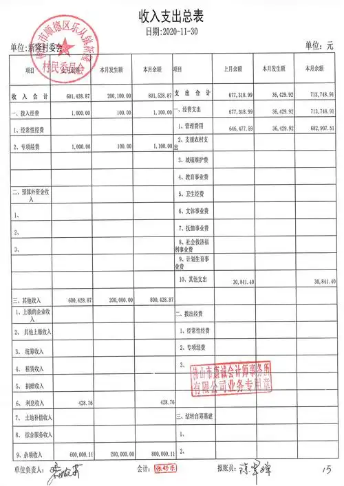 乐从镇新隆村委会2020年11月财务报表公示