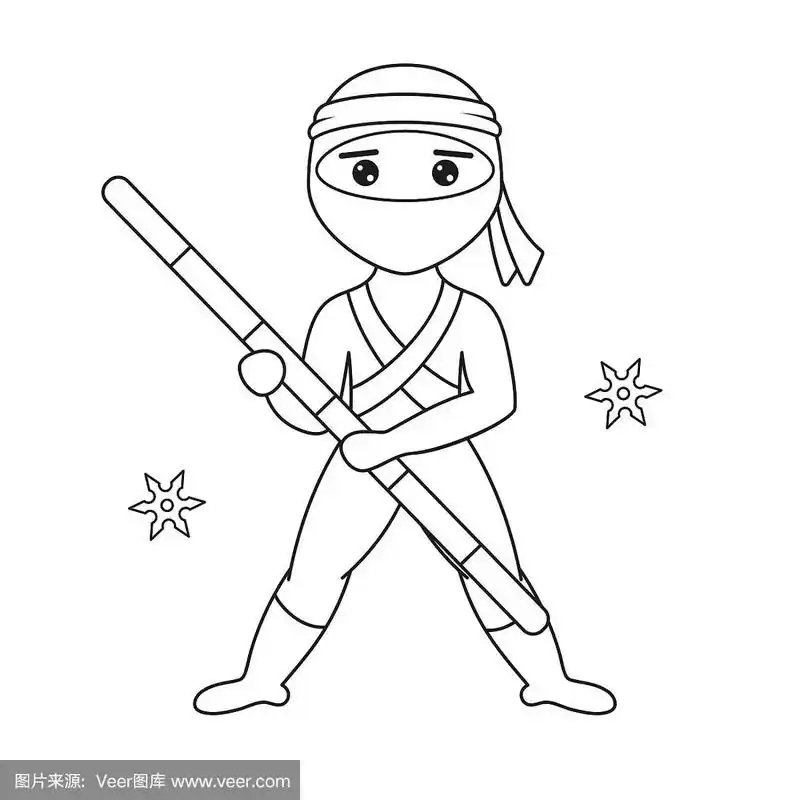 日本忍者,投掷星号轮廓图.着色页面.矢量插图.