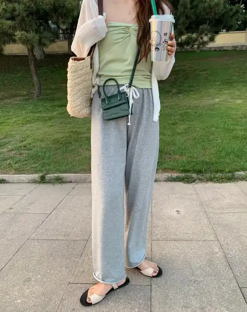 busan 宽松直筒阔腿裤女薄款卫裤休闲裤夏季新款高腰显瘦运动裤子