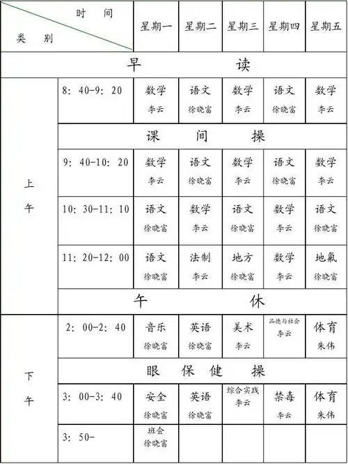 鸡坡小学三年级(1)班课程表