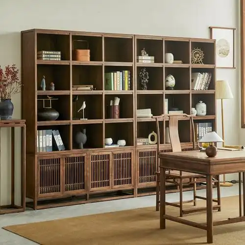 新中式实木书柜落地靠墙黑胡桃家用整面墙组合柜客厅储物柜置物架