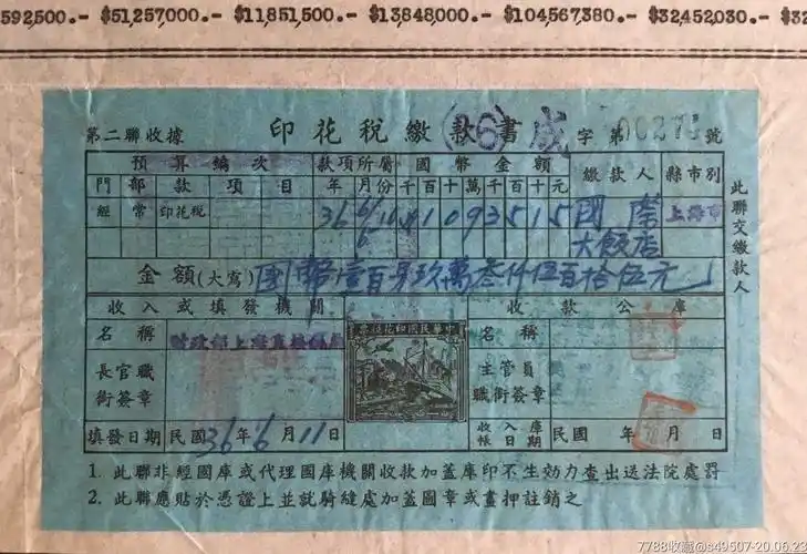 国际大饭店报缴印花税明细表贴联运图印花税缴款书-税单/完税证-7788