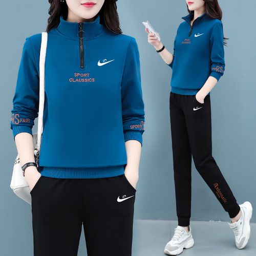 耐克顿运动服套装女加绒秋冬新款纯棉休闲跑步卫衣宽松减龄两件套