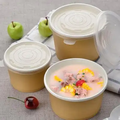 本色牛皮纸碗圆形汤碗桶一次性外卖打包盒粥甜品快餐盒带盖100只