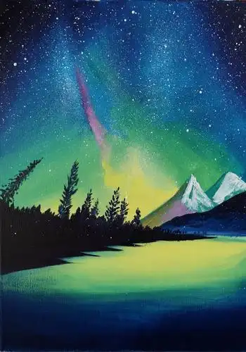 看到别人拍的极光星空非常美,既然自己拍不到就画下来吧,当然一切都是