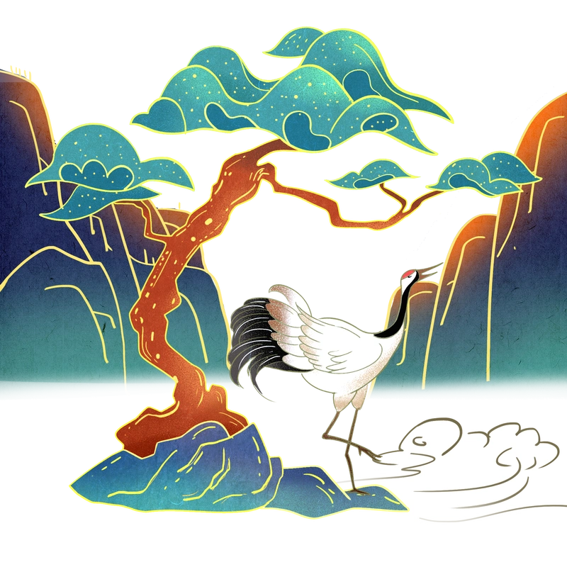仙鹤素材,手绘国潮风,古典插画元素平面设计