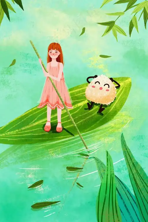 端午节少女划船小湖粽子可爱卡通插画35455315px300dpipsd模版下载