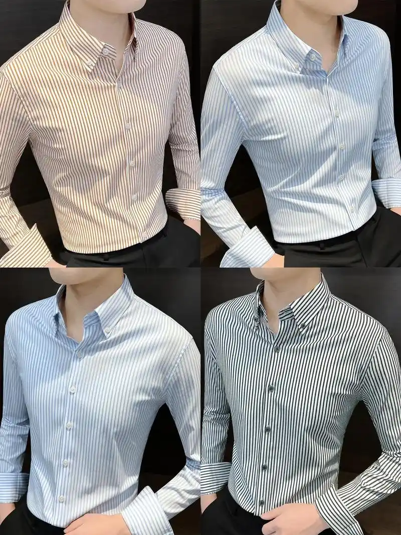 高级感条纹衬衫男款长袖修身竖条纹.#男士衬衫 #男装穿搭 # - 抖音